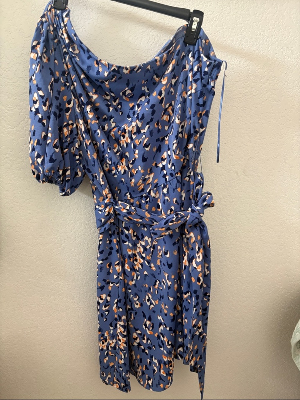 Nine West Blue Leopard One-Shoulder Dress with Waist Tie